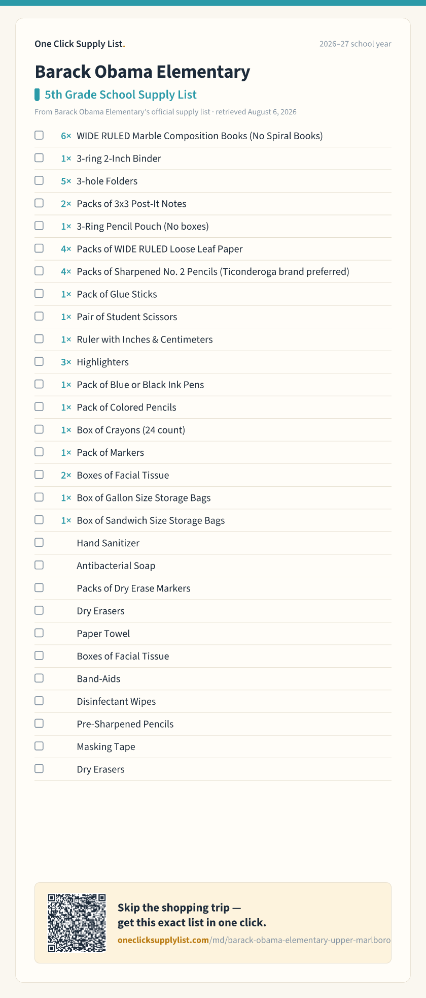 Barack Obama Elementary 5th Grade School Supply List supply list — printable image
