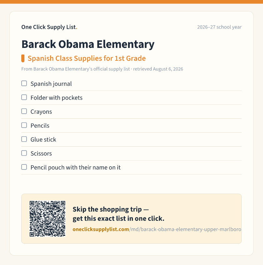 Barack Obama Elementary Spanish Class Supplies for 1st Grade supply list — printable image