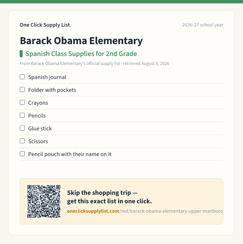 Barack Obama Elementary Spanish Class Supplies for 2nd Grade supply list — printable image