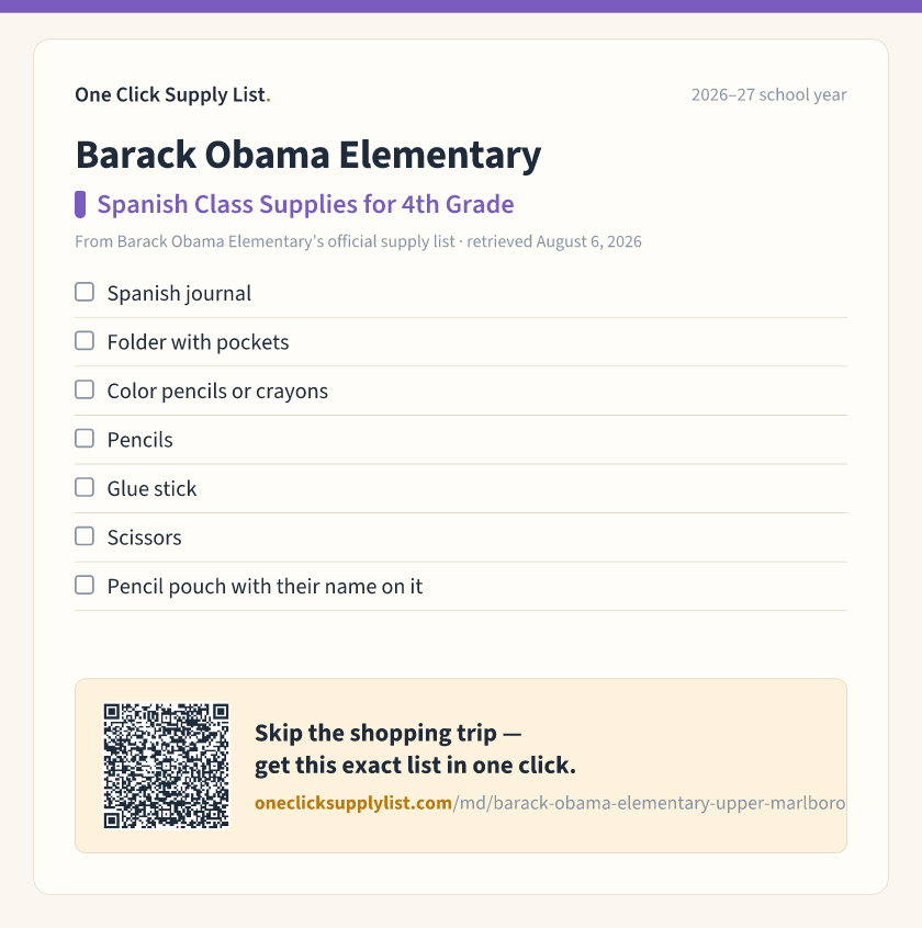 Barack Obama Elementary Spanish Class Supplies for 4th Grade supply list — printable image