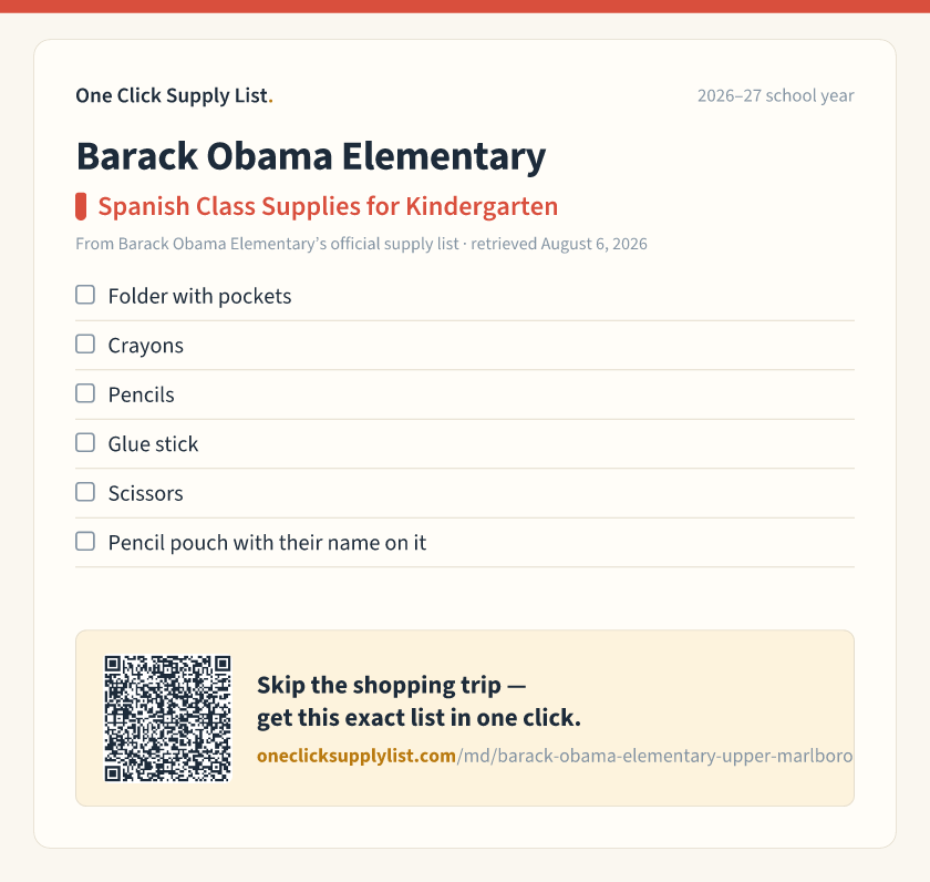Barack Obama Elementary Spanish Class Supplies for Kindergarten supply list — printable image