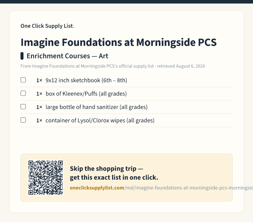 Imagine Foundations at Morningside PCS Enrichment Courses — Art supply list — printable image