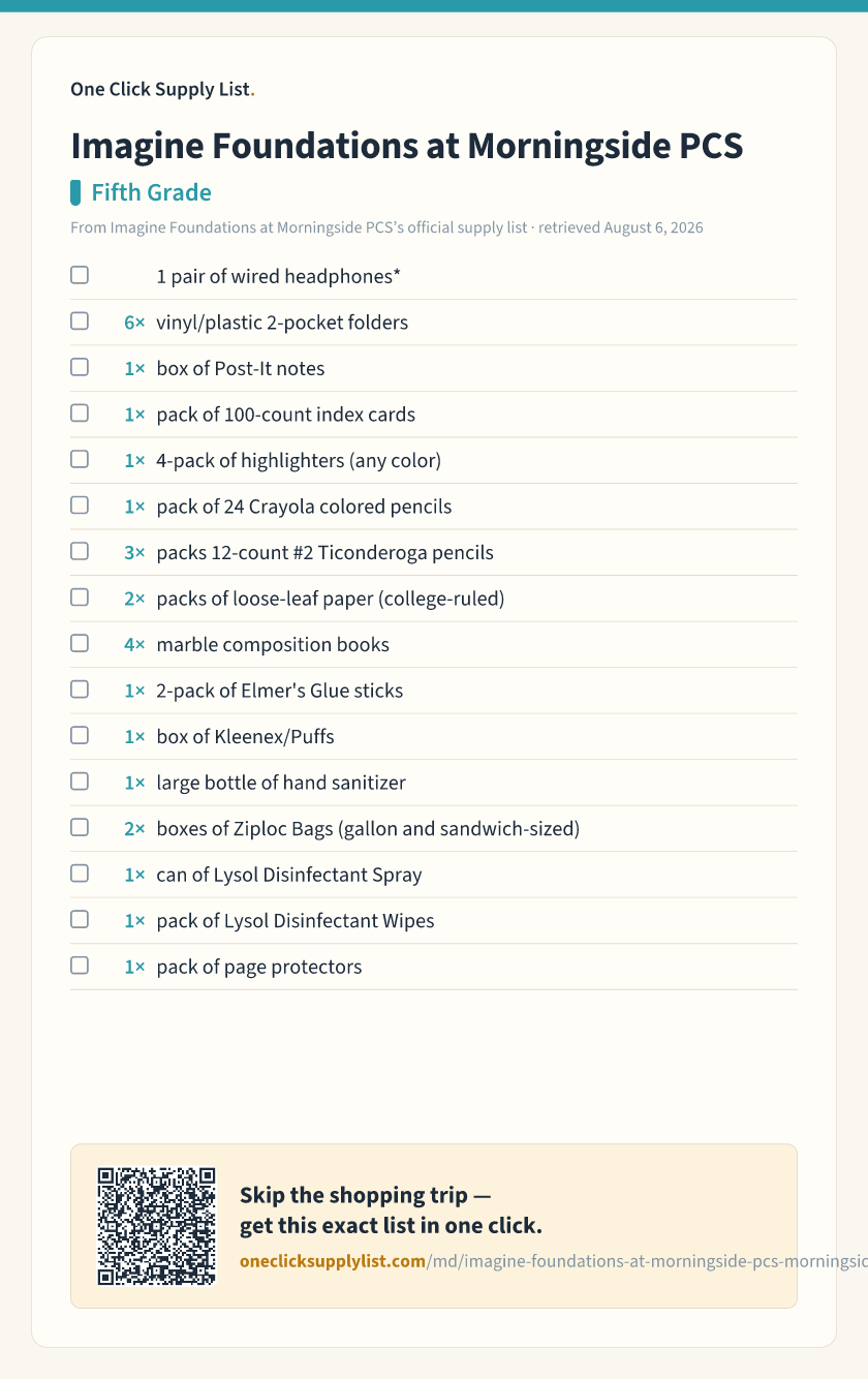 Imagine Foundations at Morningside PCS Fifth Grade supply list — printable image