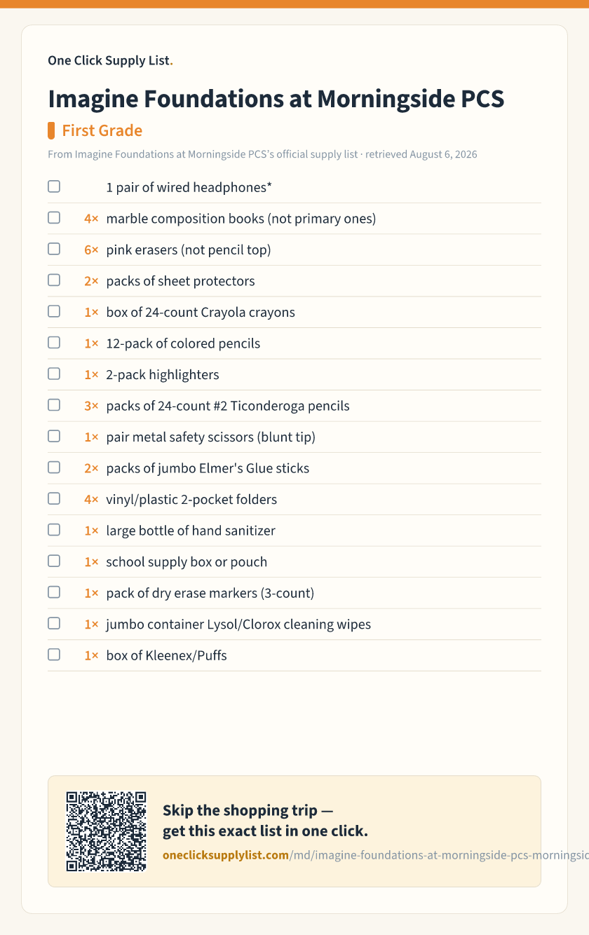 Imagine Foundations at Morningside PCS First Grade supply list — printable image
