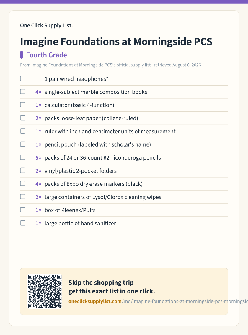 Imagine Foundations at Morningside PCS Fourth Grade supply list — printable image