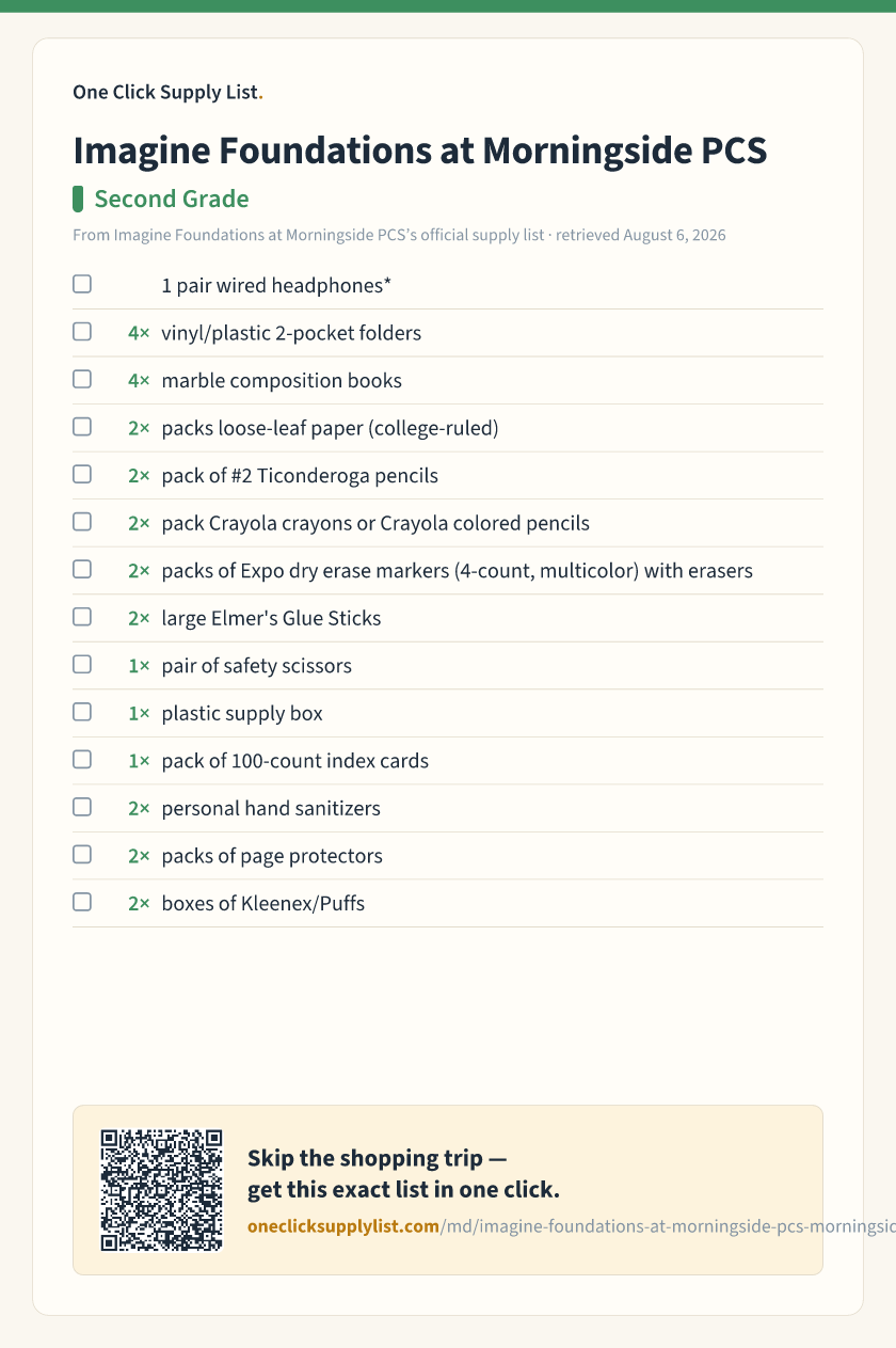 Imagine Foundations at Morningside PCS Second Grade supply list — printable image