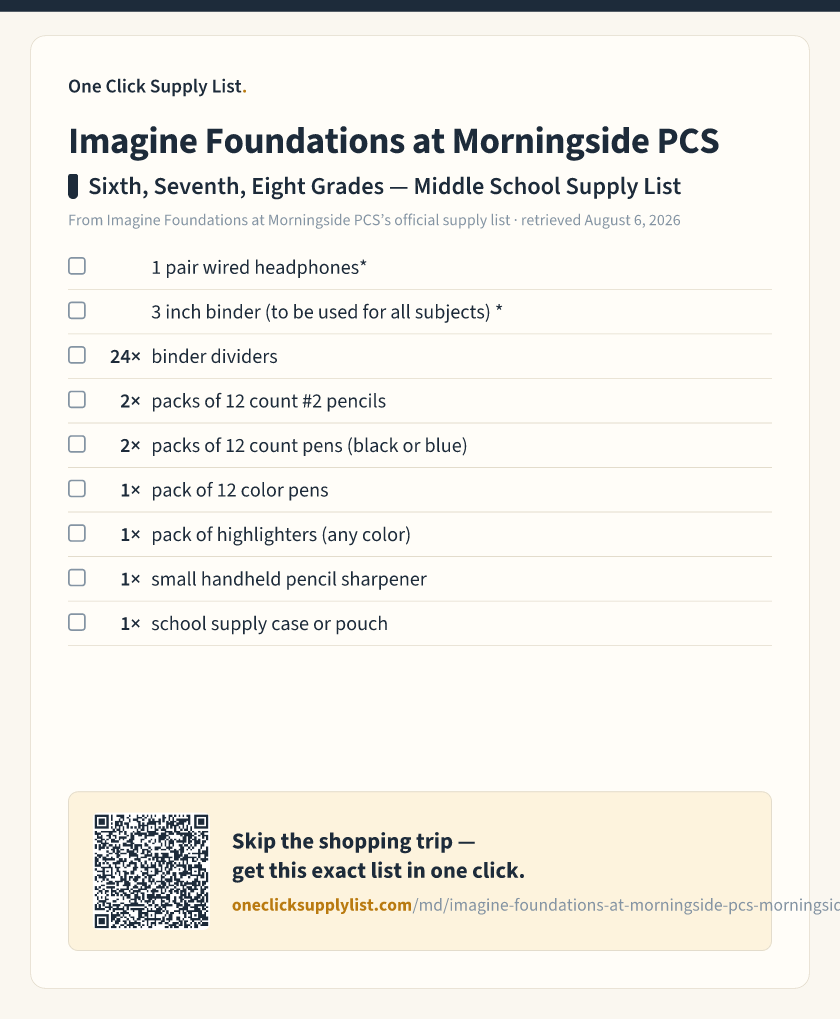 Imagine Foundations at Morningside PCS Sixth, Seventh, Eight Grades — Middle School Supply List supply list — printable image