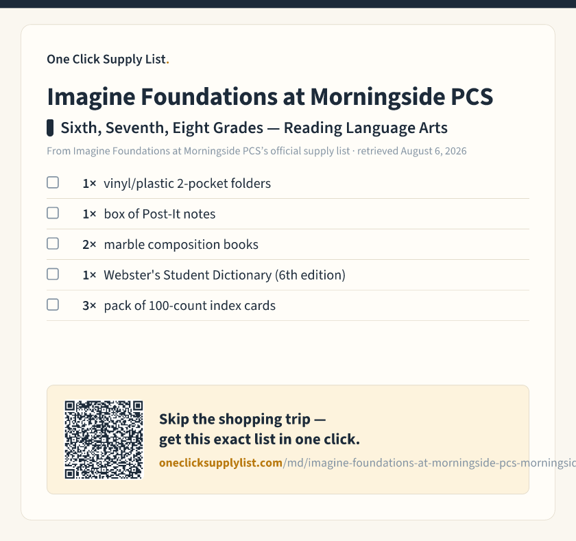 Imagine Foundations at Morningside PCS Sixth, Seventh, Eight Grades — Reading Language Arts supply list — printable image