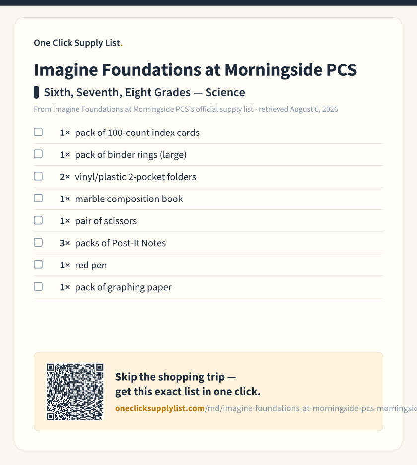 Imagine Foundations at Morningside PCS Sixth, Seventh, Eight Grades — Science supply list — printable image
