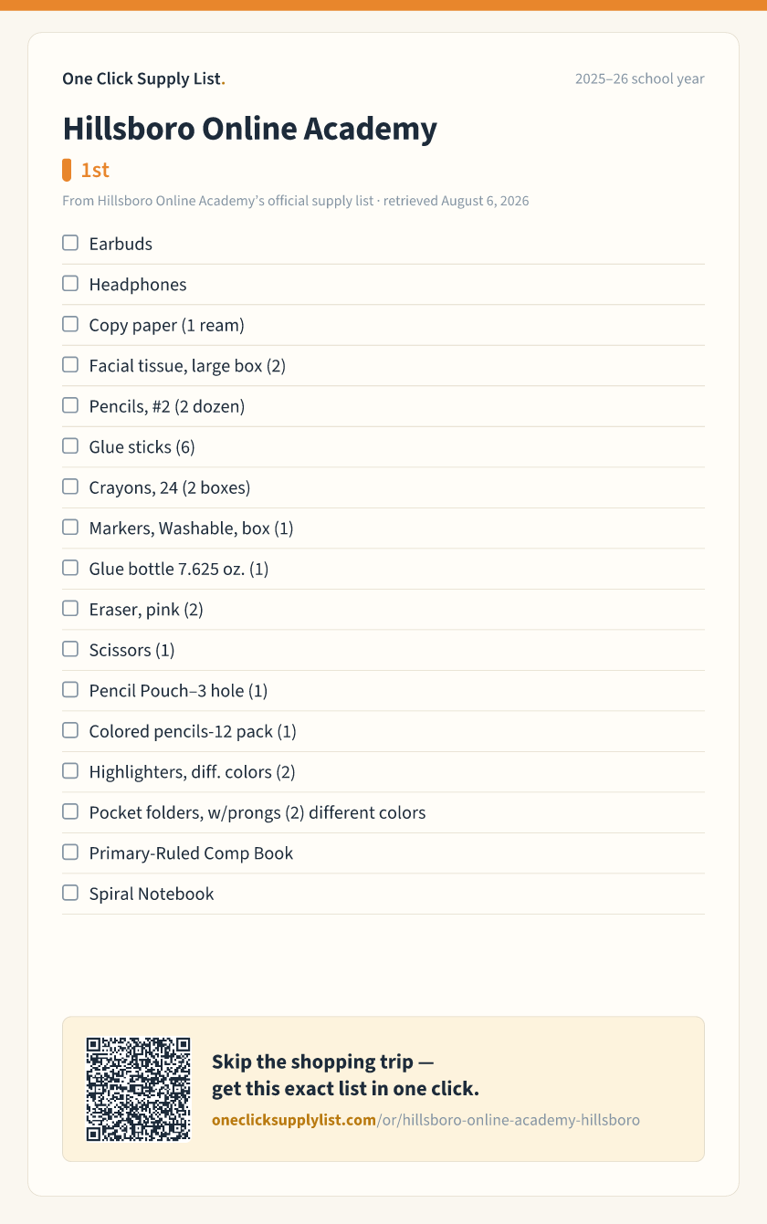 Hillsboro Online Academy 1st supply list — printable image