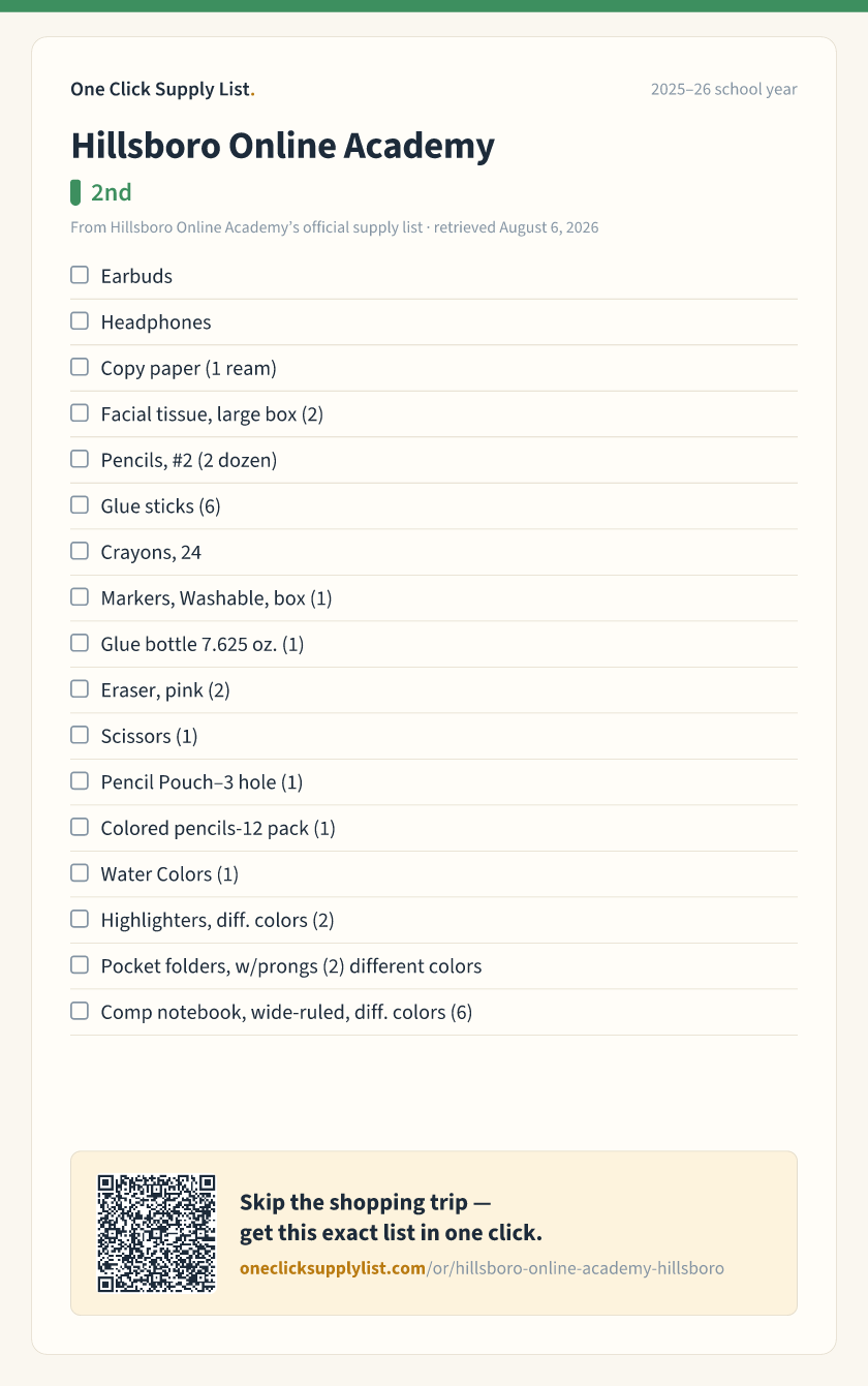 Hillsboro Online Academy 2nd supply list — printable image