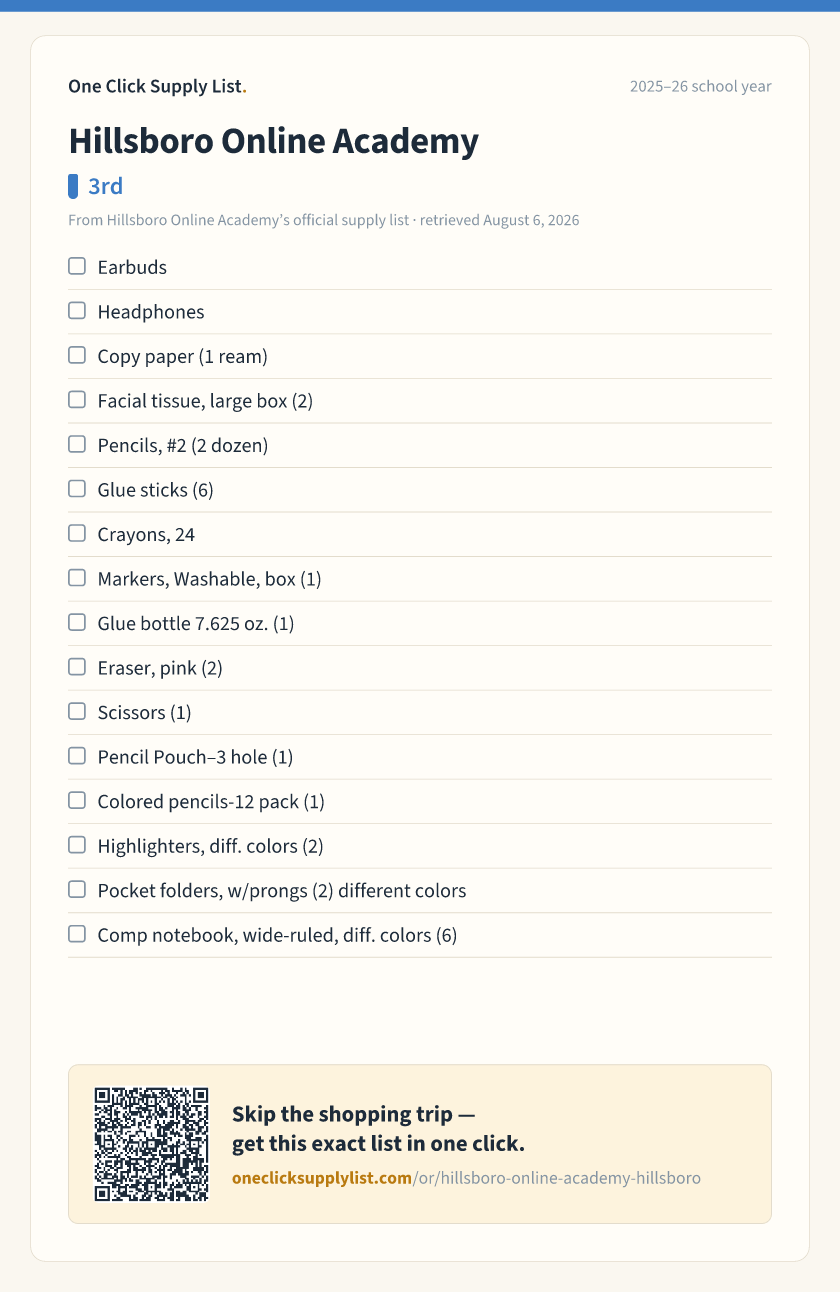Hillsboro Online Academy 3rd supply list — printable image