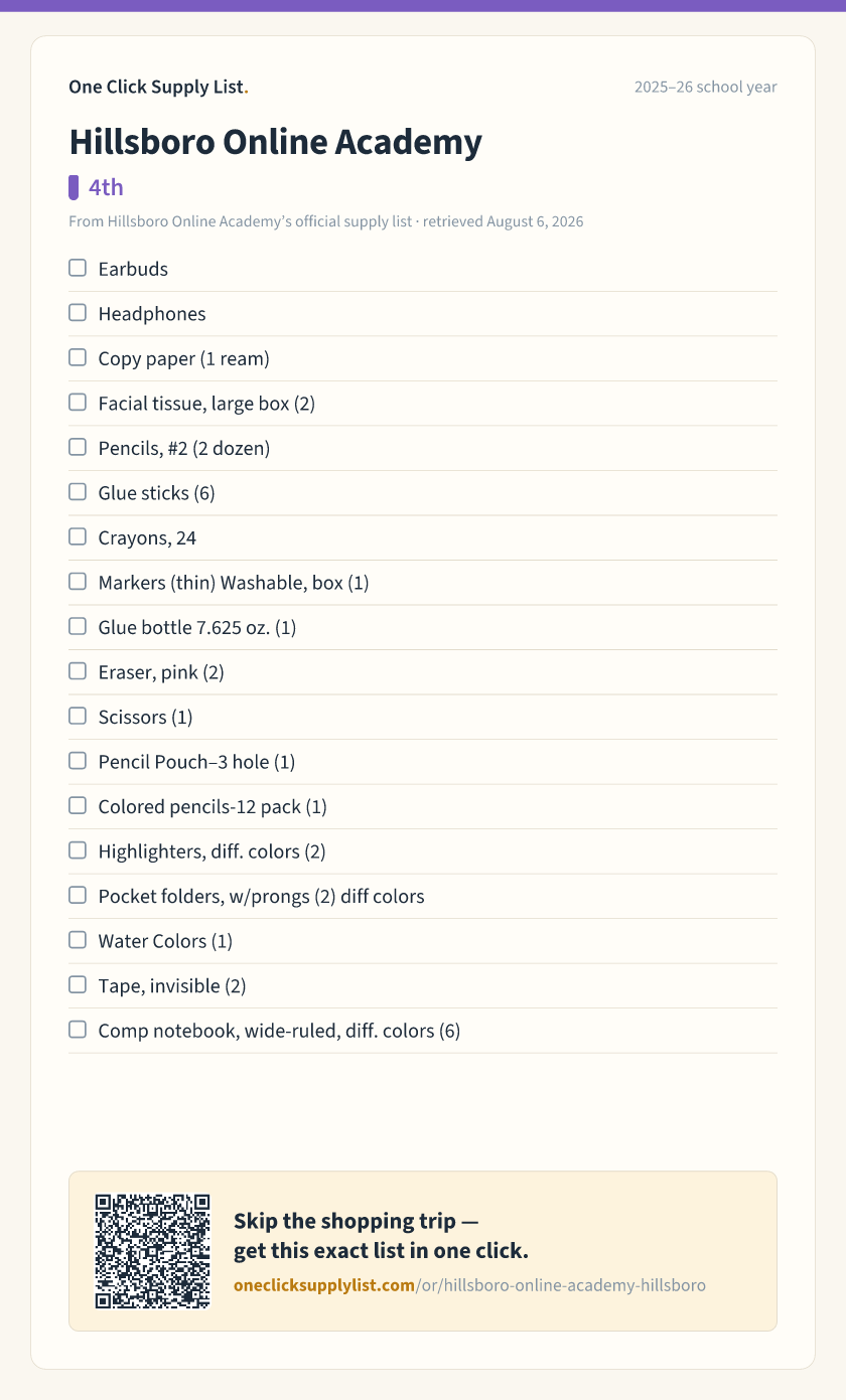 Hillsboro Online Academy 4th supply list — printable image
