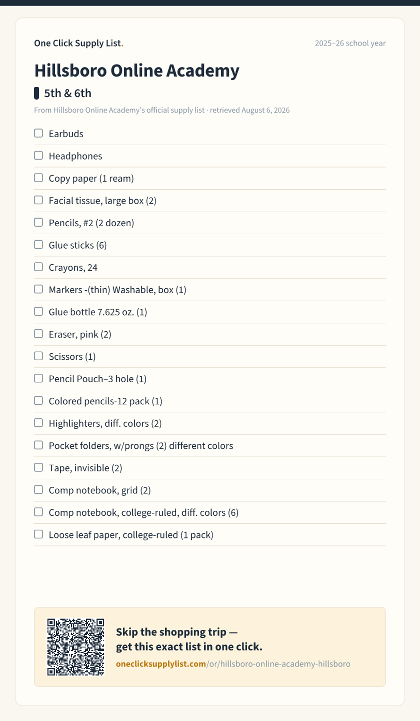 Hillsboro Online Academy 5th & 6th supply list — printable image