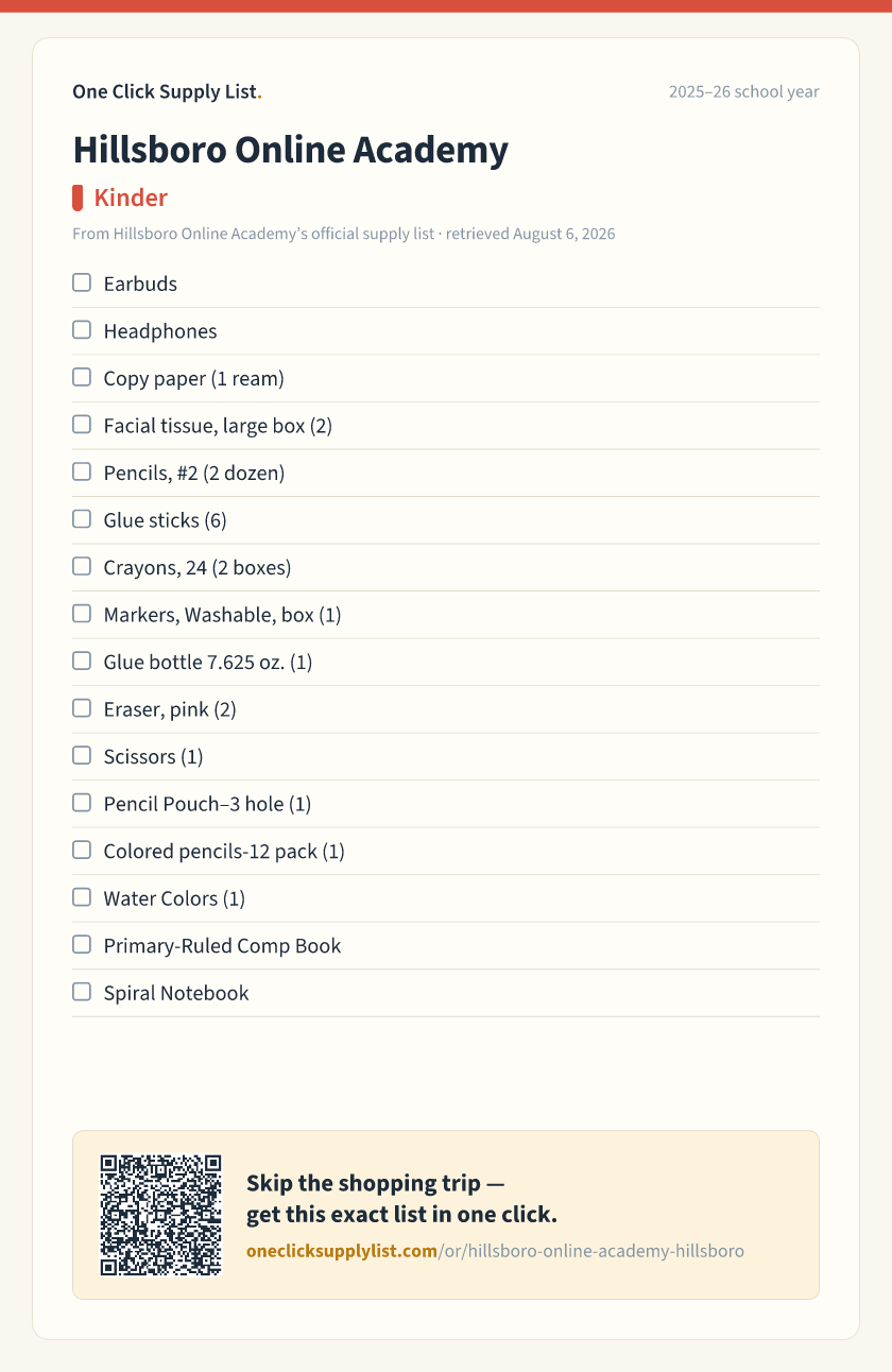 Hillsboro Online Academy Kinder supply list — printable image