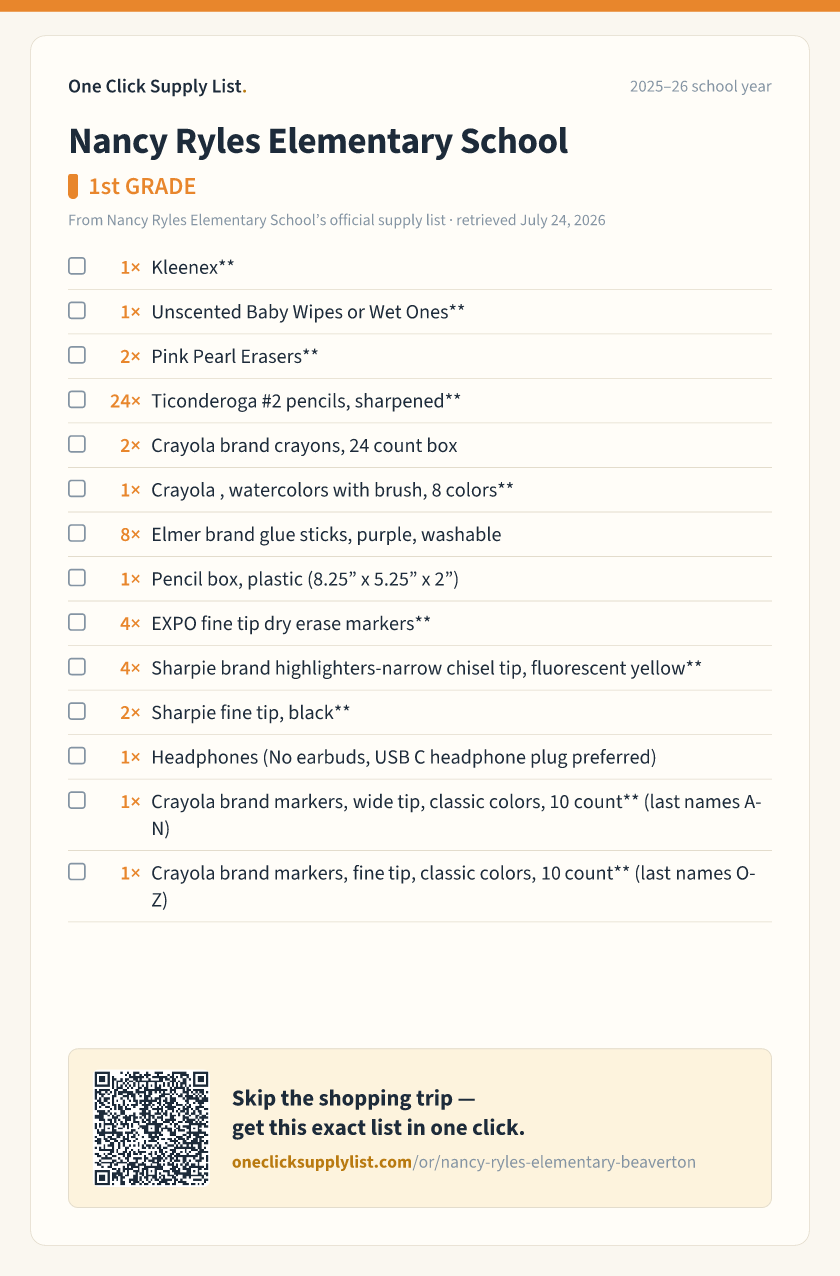 Nancy Ryles Elementary School 1st GRADE supply list — printable image