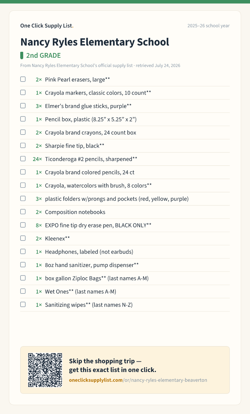 Nancy Ryles Elementary School 2nd GRADE supply list — printable image
