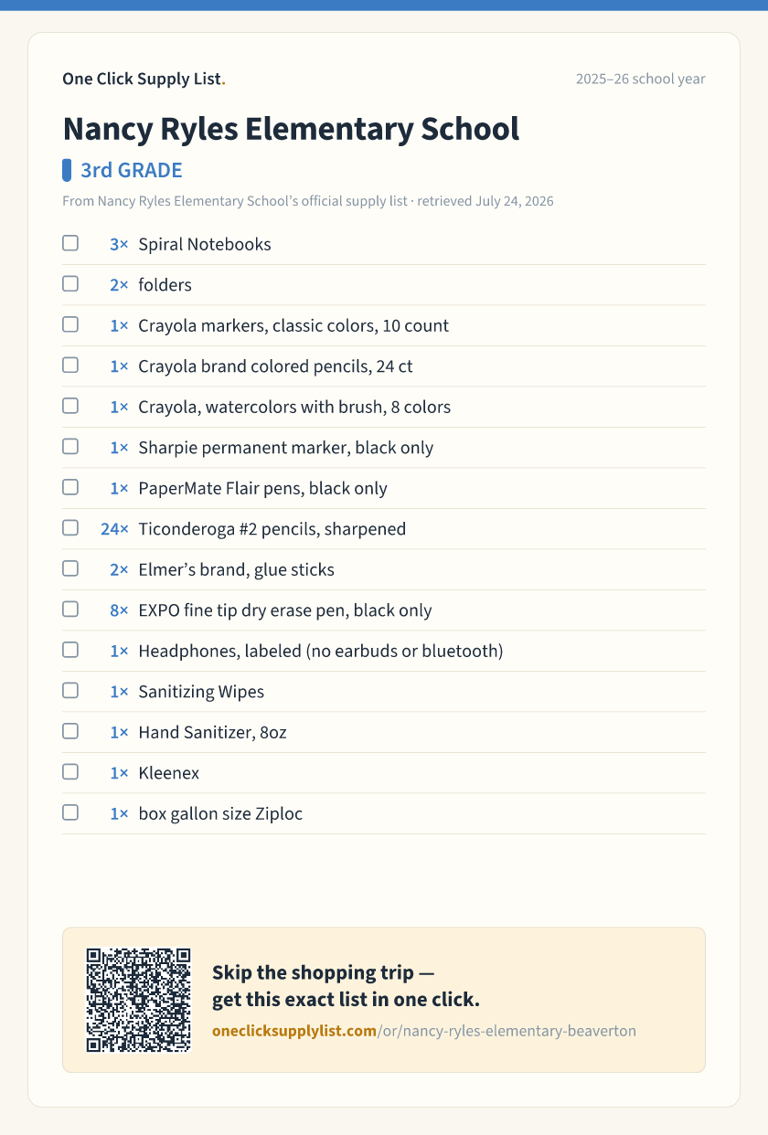 Nancy Ryles Elementary School 3rd GRADE supply list — printable image
