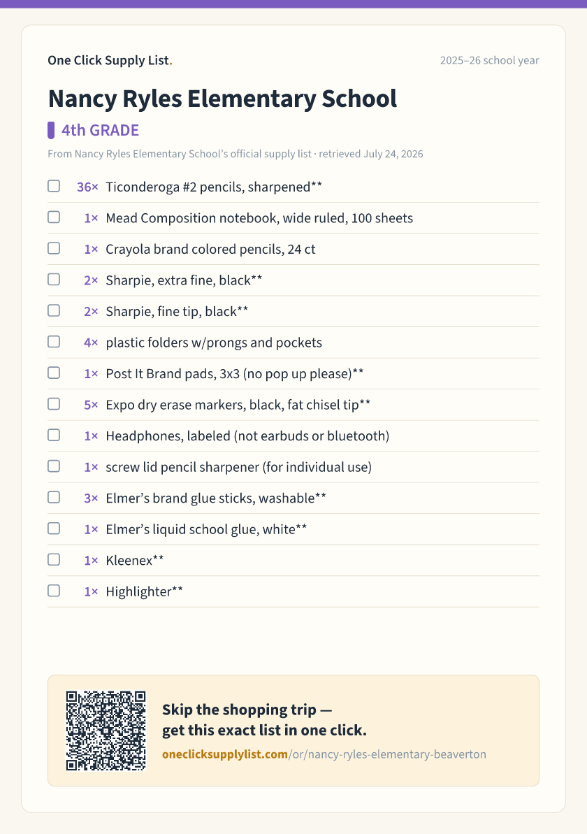 Nancy Ryles Elementary School 4th GRADE supply list — printable image
