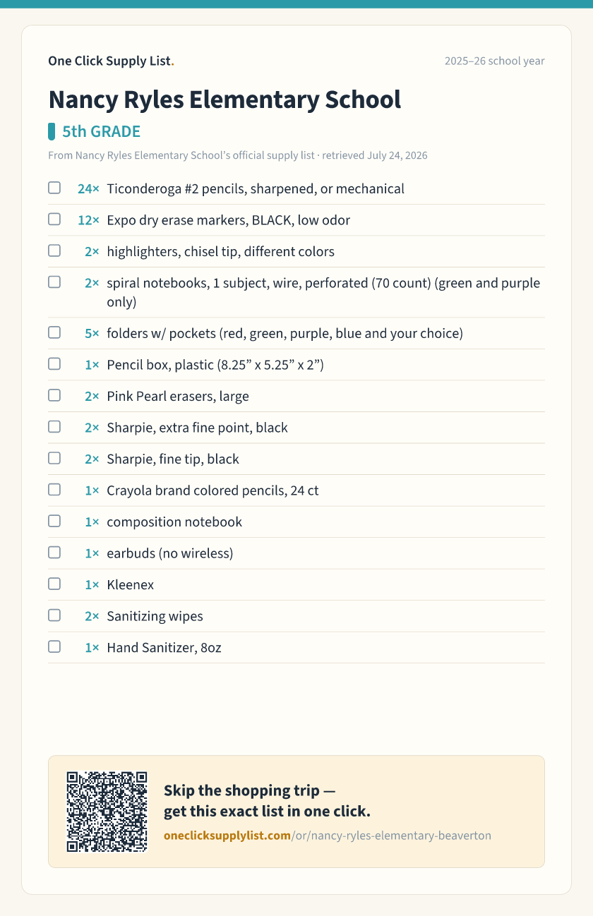 Nancy Ryles Elementary School 5th GRADE supply list — printable image