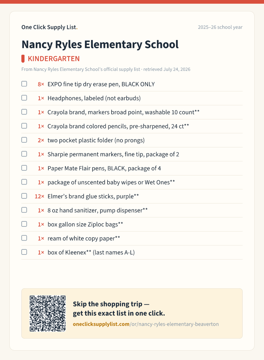 Nancy Ryles Elementary School KINDERGARTEN supply list — printable image