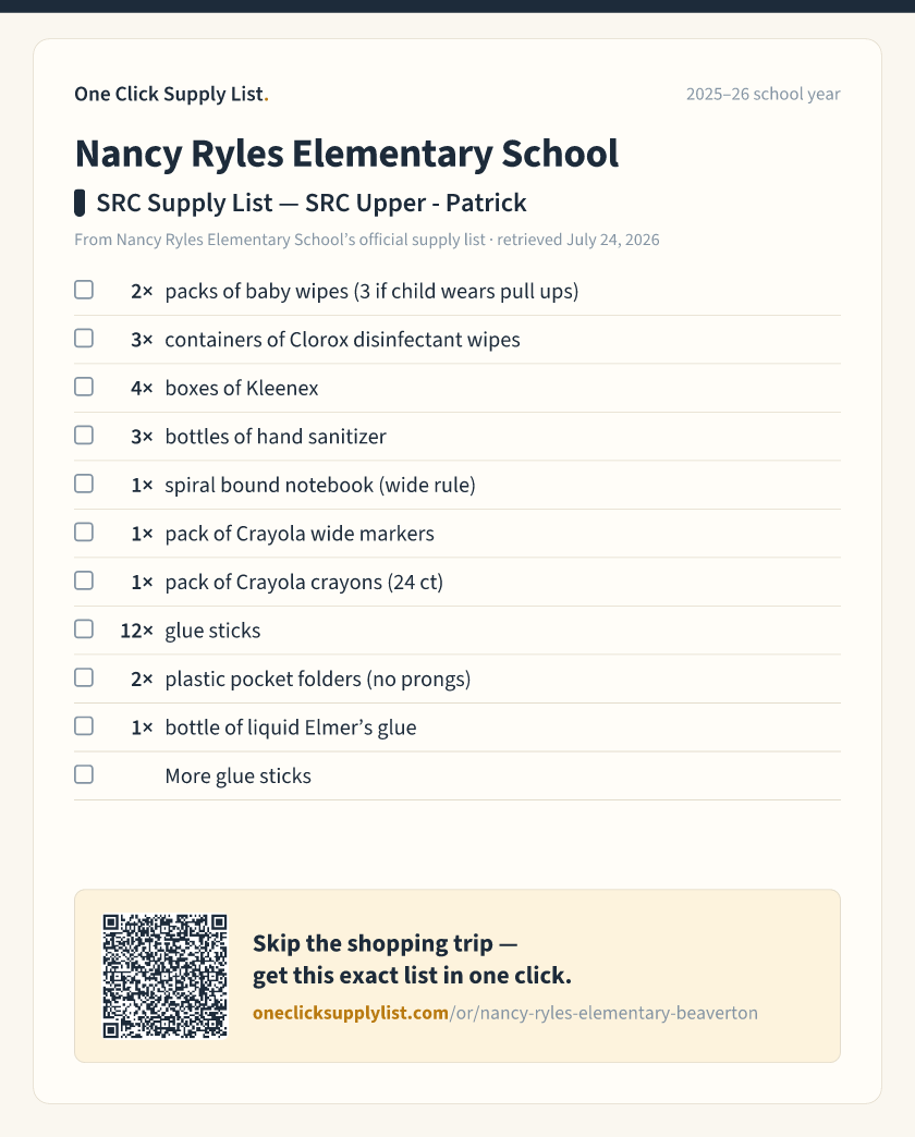 Nancy Ryles Elementary School SRC Supply List — SRC Upper - Patrick supply list — printable image