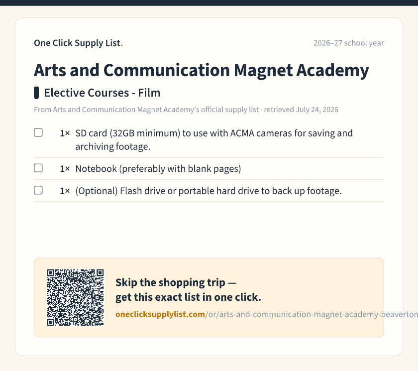 Arts and Communication Magnet Academy Elective Courses - Film supply list — printable image