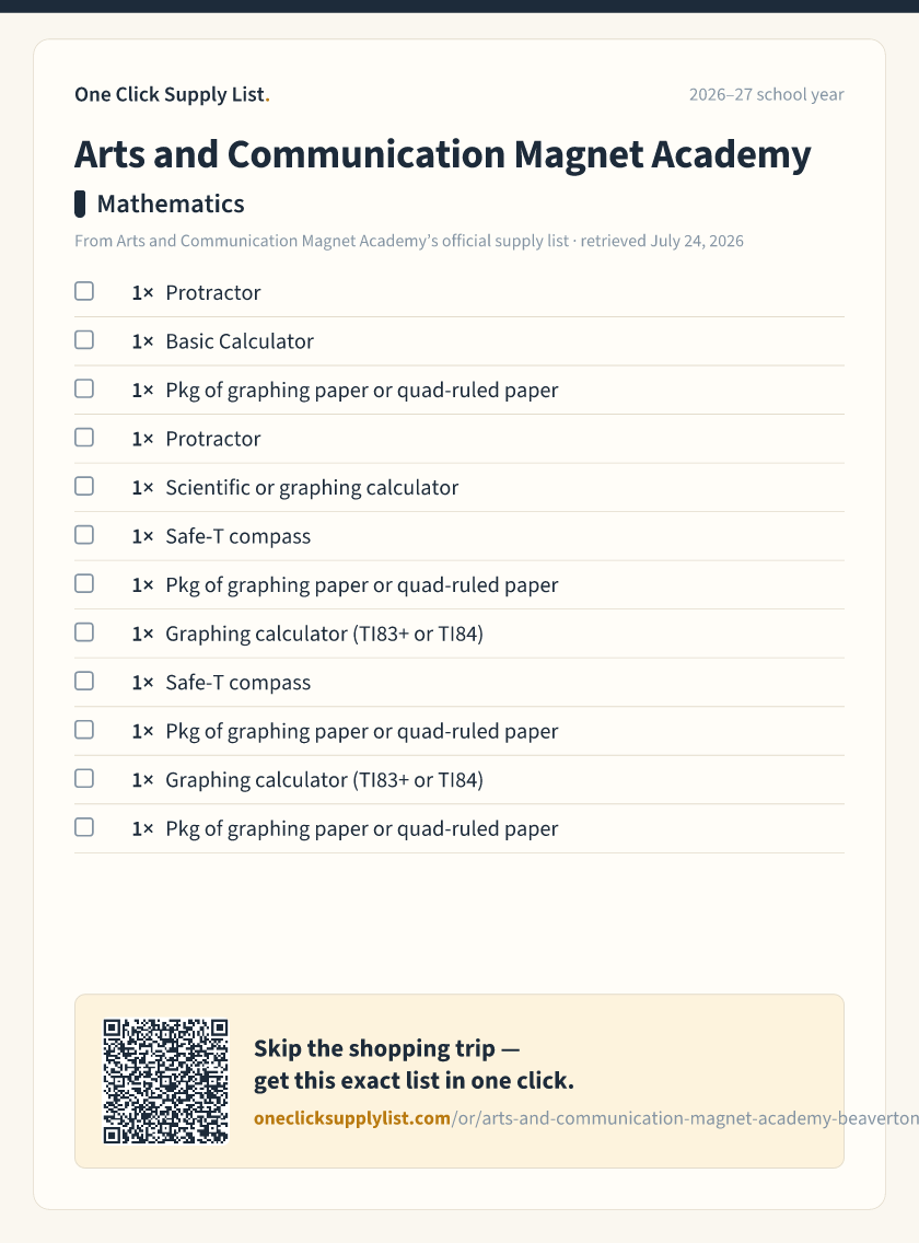 Arts and Communication Magnet Academy Mathematics supply list — printable image
