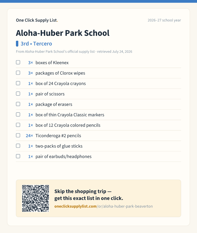 Aloha-Huber Park School 3rd • Tercero supply list — printable image