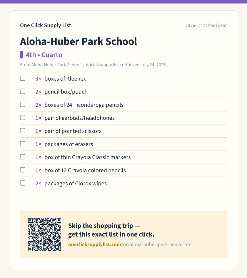 Aloha-Huber Park School 4th • Cuarto supply list — printable image