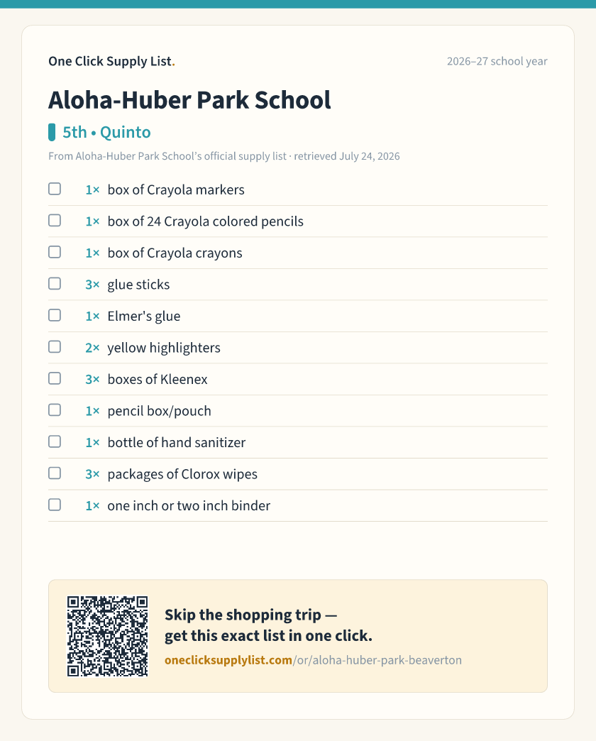 Aloha-Huber Park School 5th • Quinto supply list — printable image