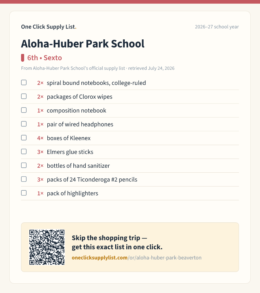Aloha-Huber Park School 6th • Sexto supply list — printable image
