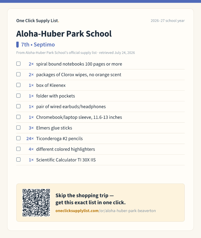 Aloha-Huber Park School 7th • Septimo supply list — printable image
