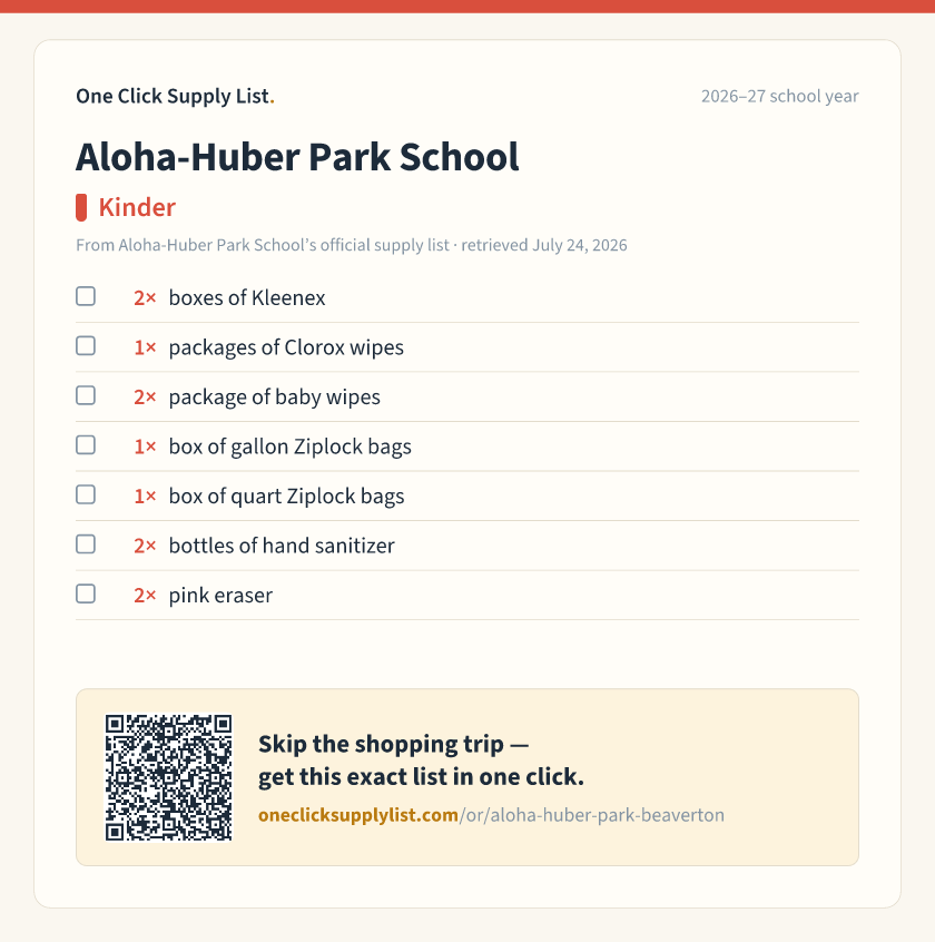 Aloha-Huber Park School Kinder supply list — printable image