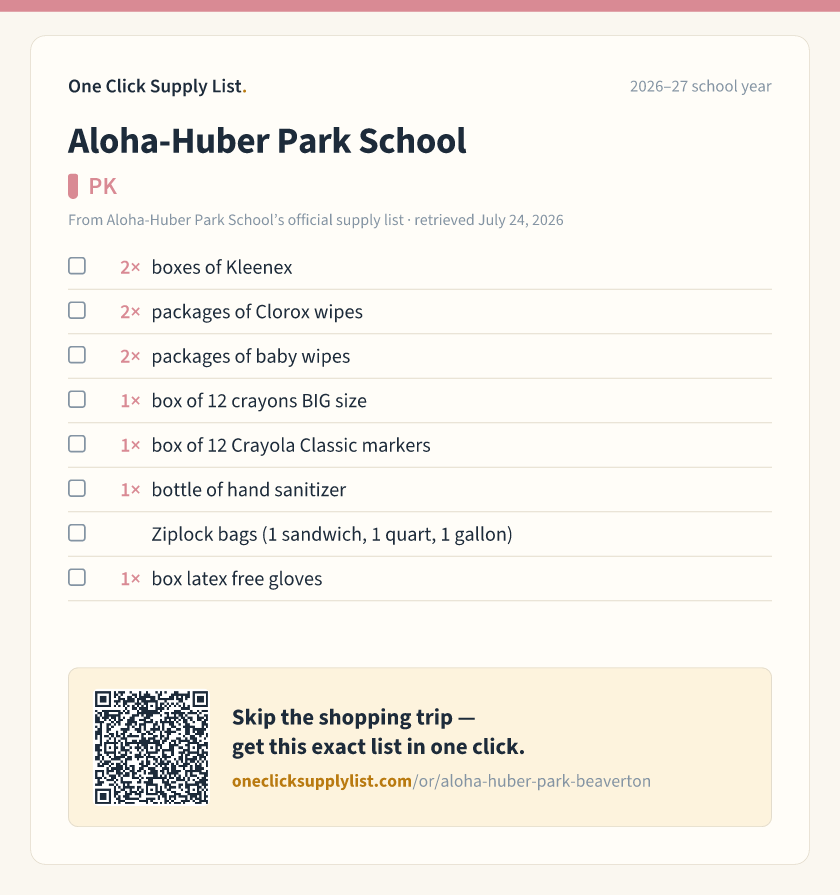 Aloha-Huber Park School PK supply list — printable image