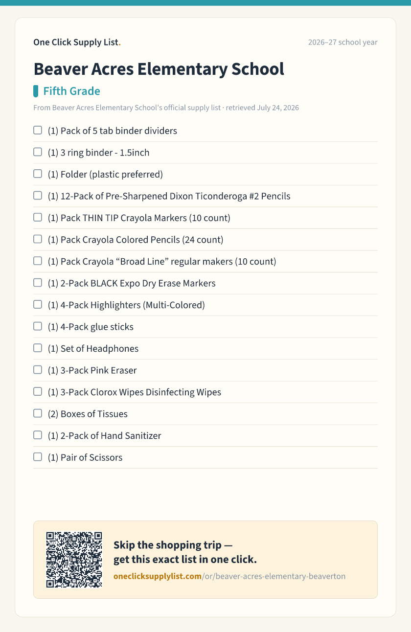Beaver Acres Elementary School Fifth Grade supply list — printable image
