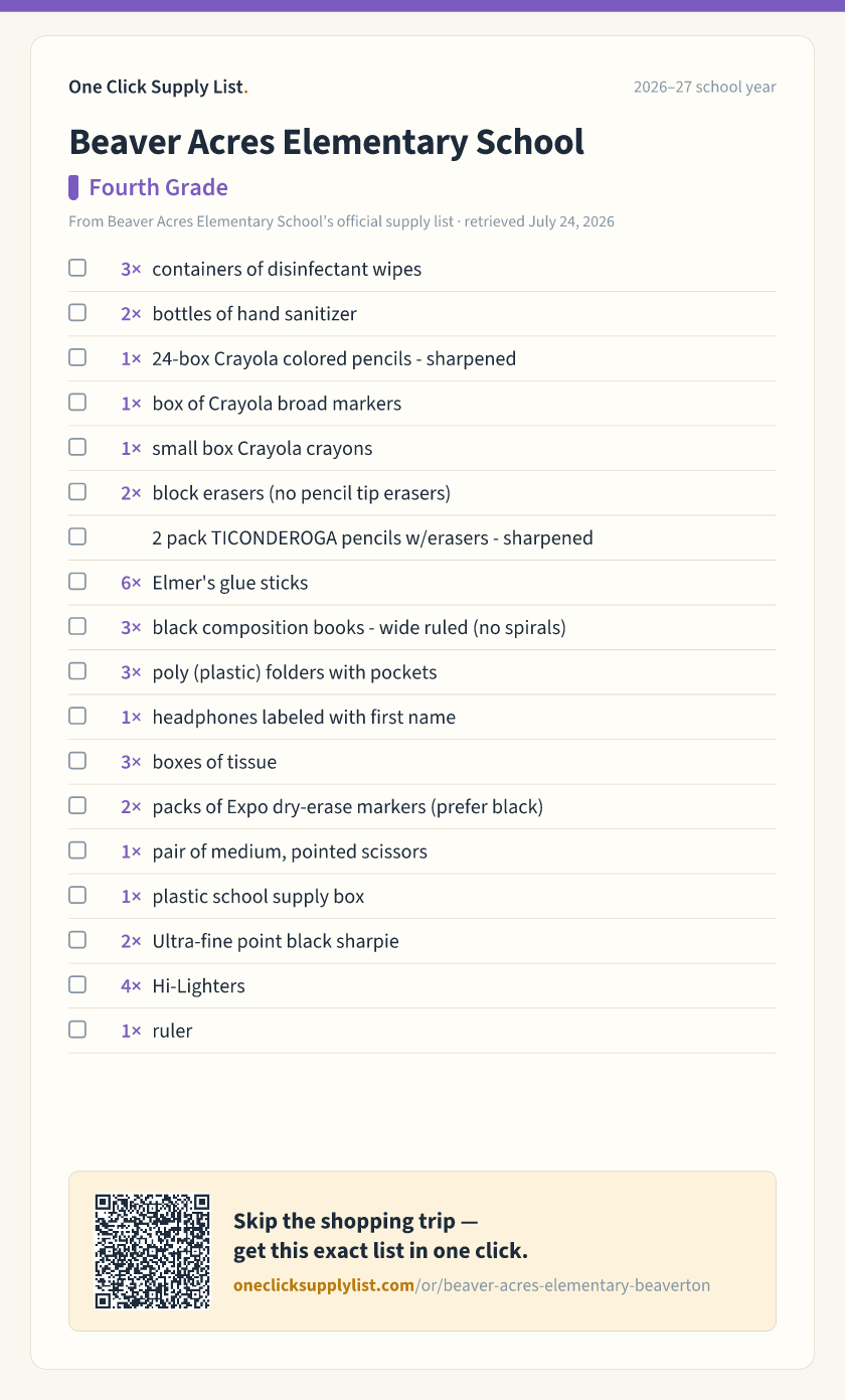 Beaver Acres Elementary School Fourth Grade supply list — printable image