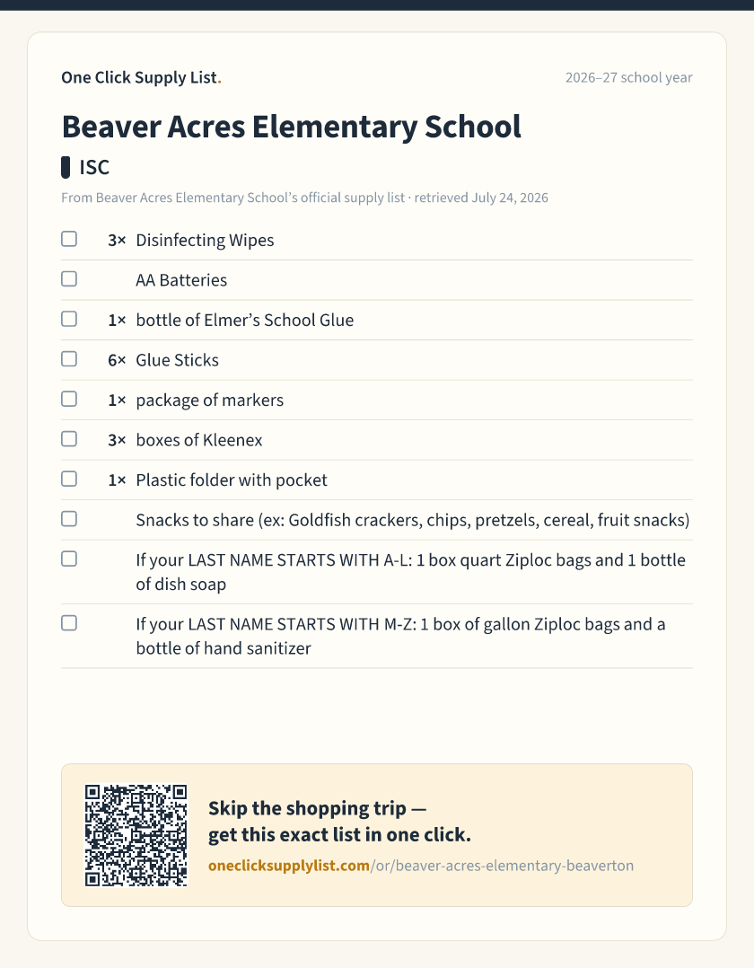 Beaver Acres Elementary School ISC supply list — printable image