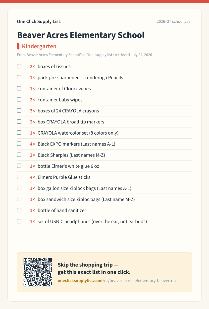 Beaver Acres Elementary School Kindergarten supply list — printable image