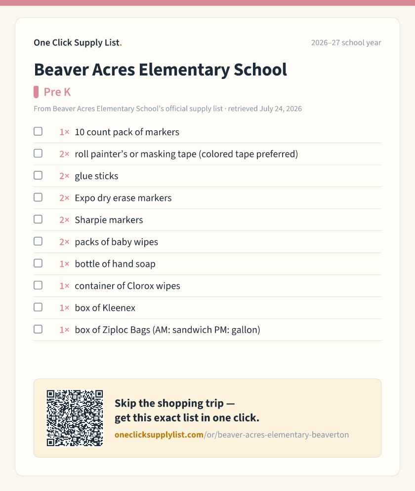 Beaver Acres Elementary School Pre K supply list — printable image