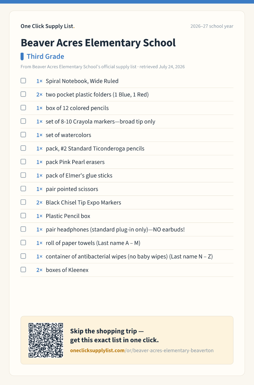 Beaver Acres Elementary School Third Grade supply list — printable image