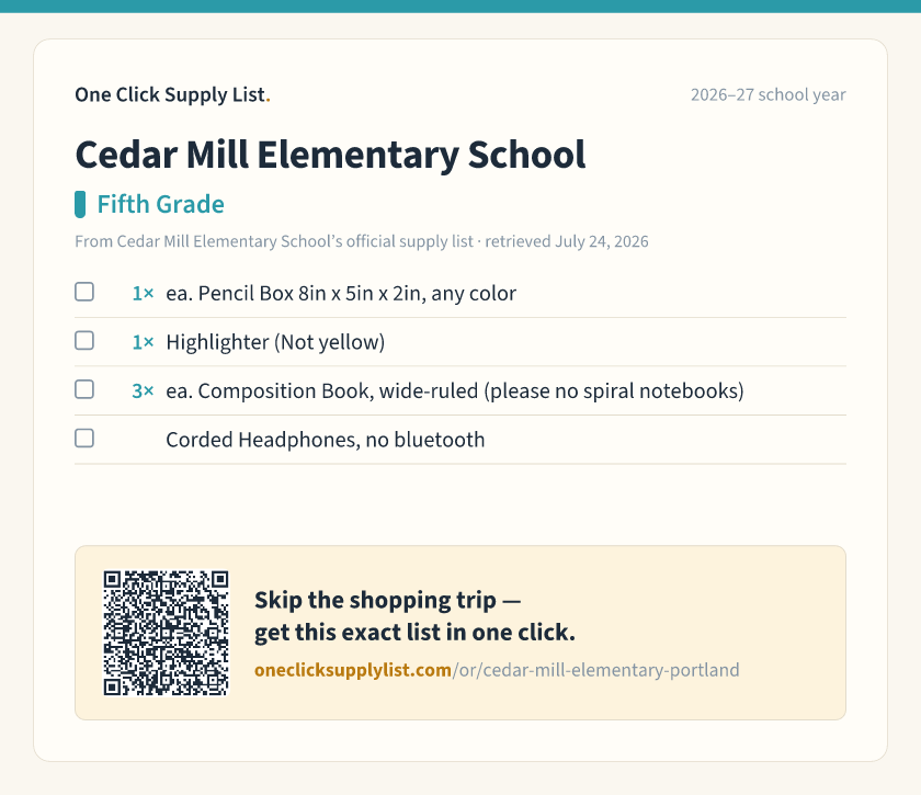 Cedar Mill Elementary School Fifth Grade supply list — printable image