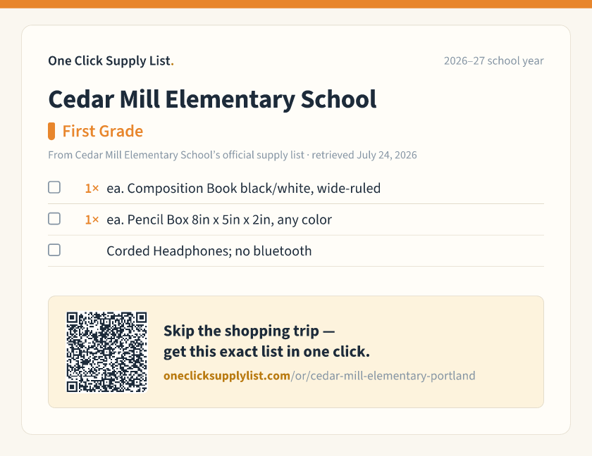 Cedar Mill Elementary School First Grade supply list — printable image