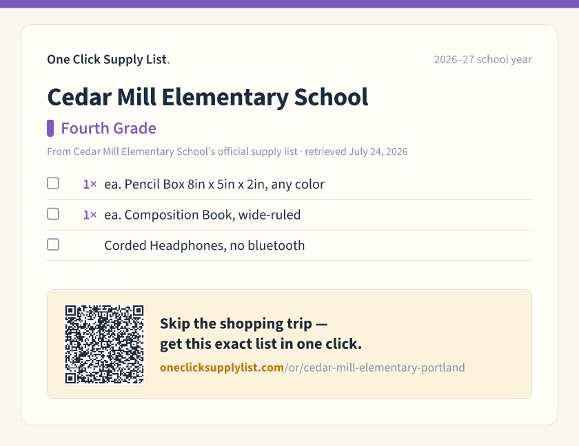 Cedar Mill Elementary School Fourth Grade supply list — printable image
