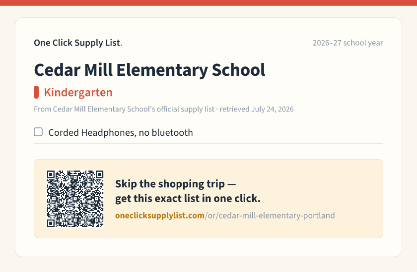 Cedar Mill Elementary School Kindergarten supply list — printable image