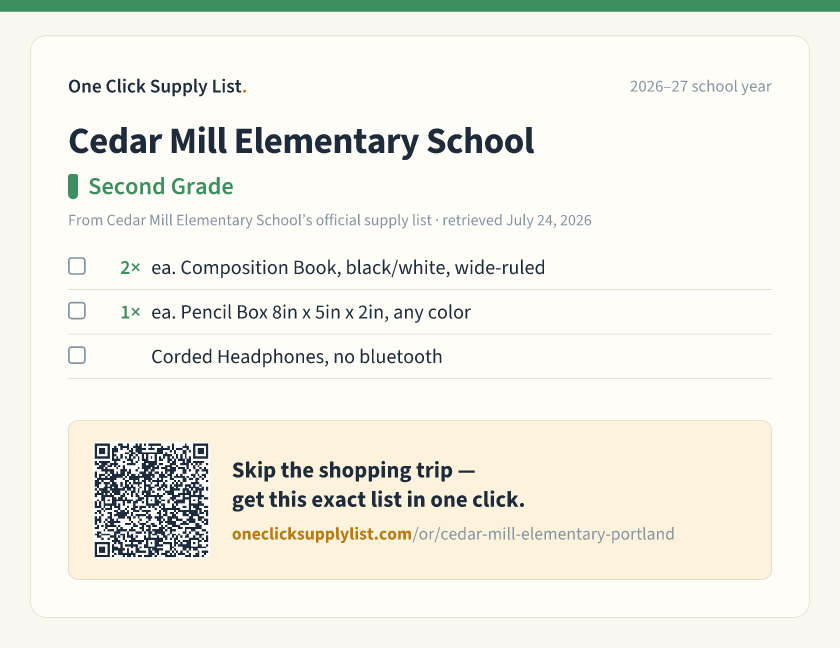 Cedar Mill Elementary School Second Grade supply list — printable image