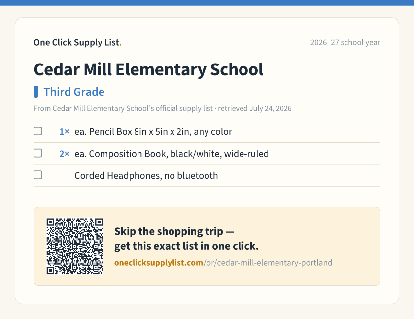 Cedar Mill Elementary School Third Grade supply list — printable image