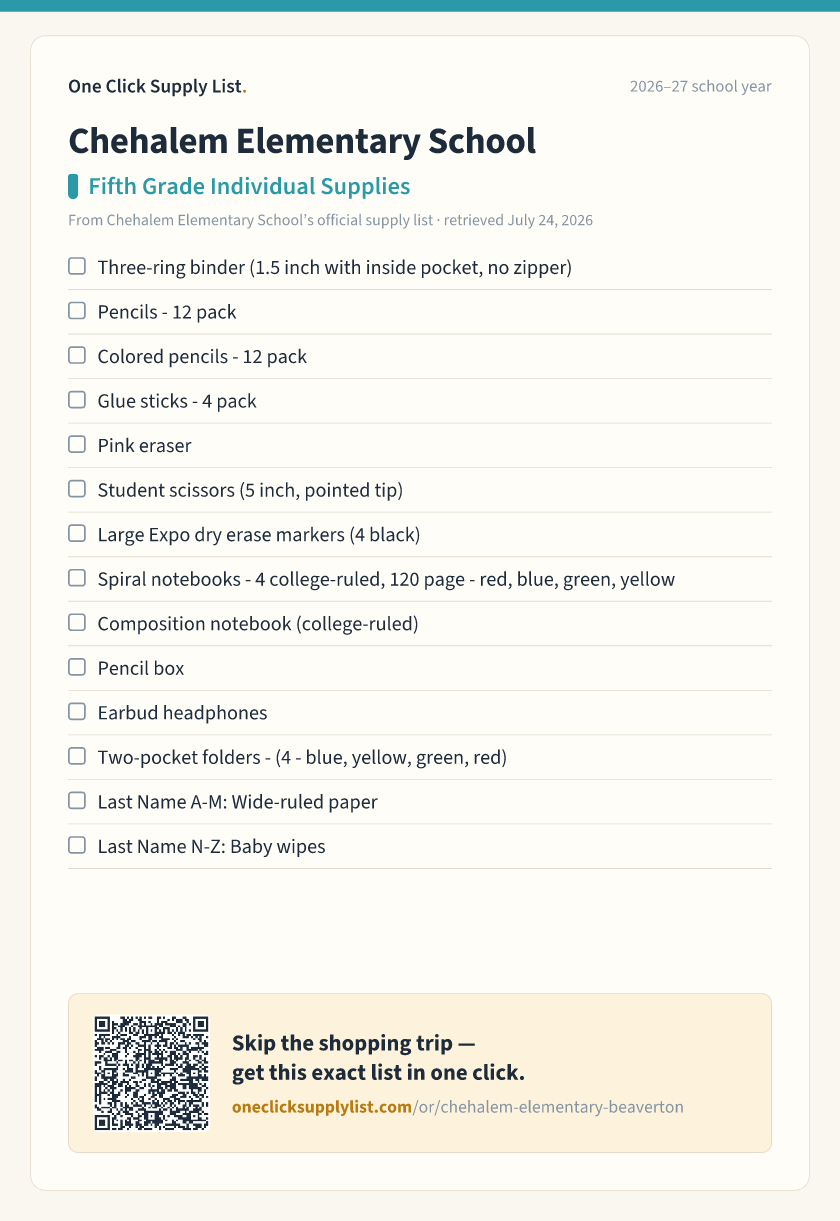 Chehalem Elementary School Fifth Grade Individual Supplies supply list — printable image