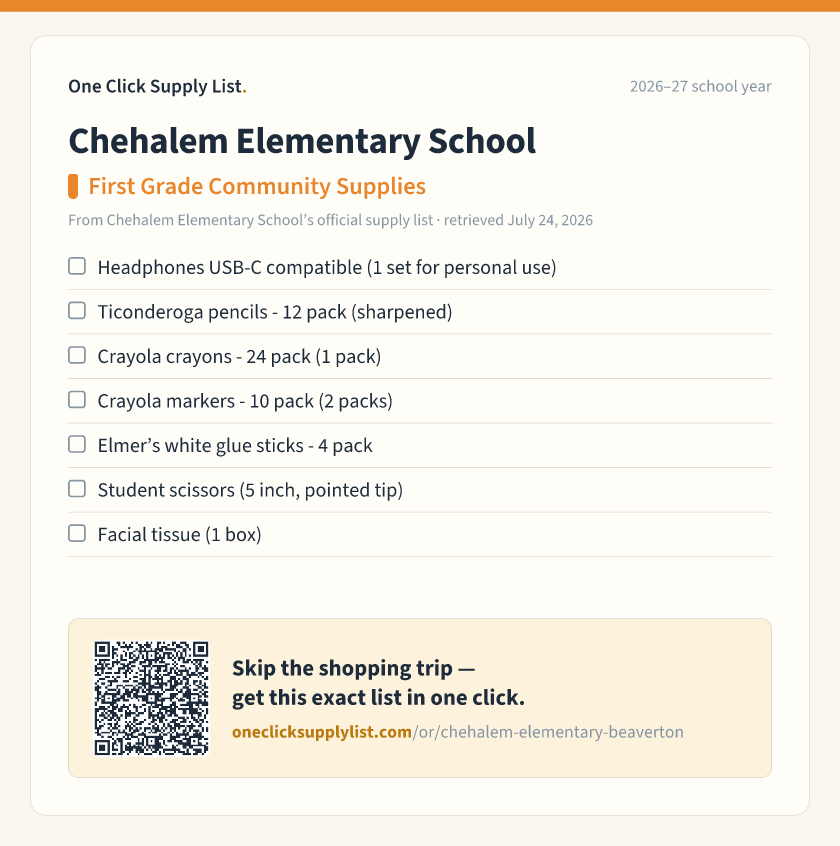 Chehalem Elementary School First Grade Community Supplies supply list — printable image