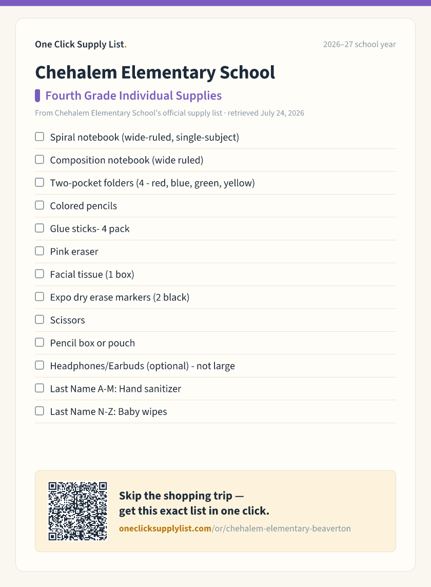 Chehalem Elementary School Fourth Grade Individual Supplies supply list — printable image
